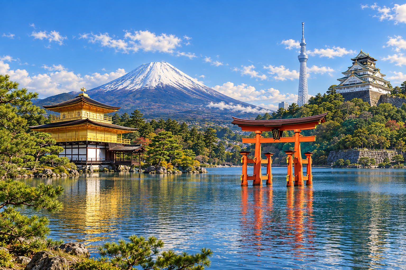 日本の5つの名所を融合した風景のアートコラージュ